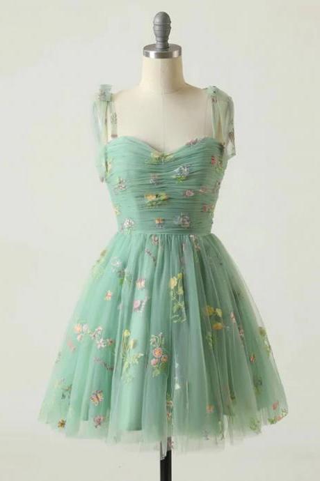 Sleeveless A Line Short Homecoming Dress Embroidery Flowers