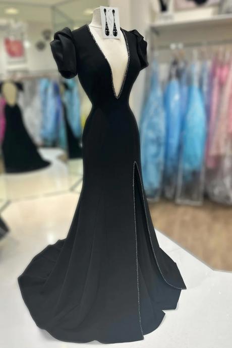 Mermaid Black Beaded Plunge V Puff Sleeve Long Prom Dress