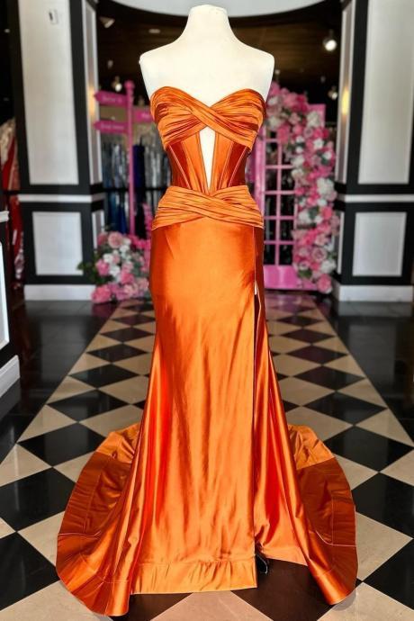 Strapless Orange Keyhole Mermaid Long Dress With Slit