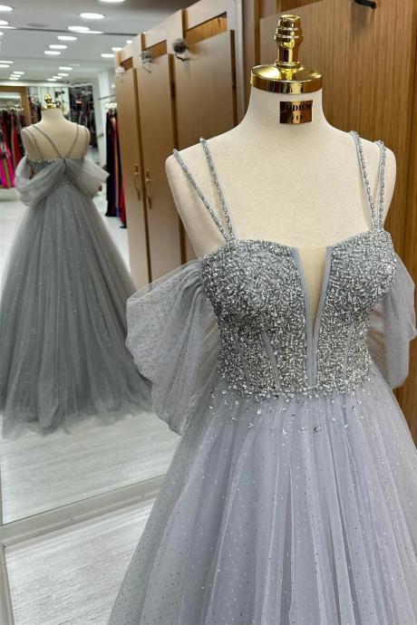 A-line Gray Tulle Beaded Cold-shoulder Long Prom Dress