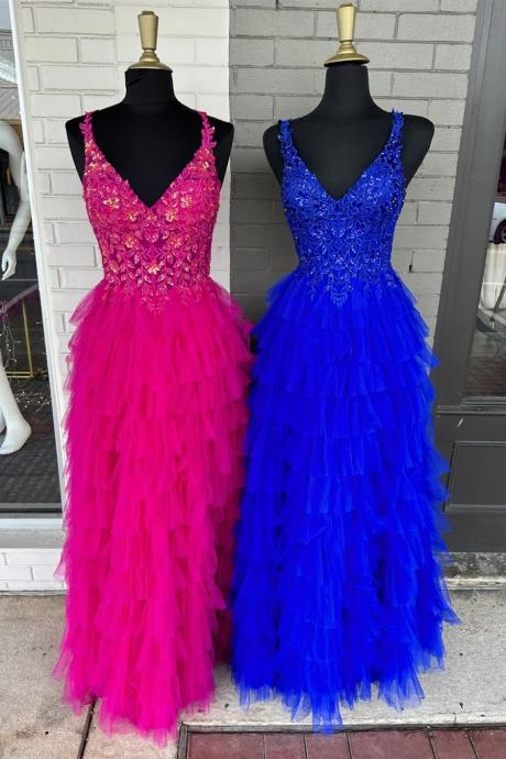 Sexy V-neck Lace Appliques Ruffle Tiered Long Prom Dresses
