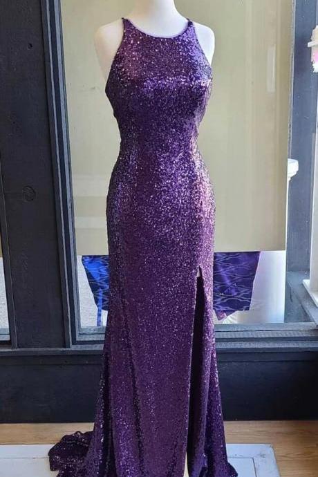 Mermaid Purple Sequins Scoop Long Formal Prom Dress