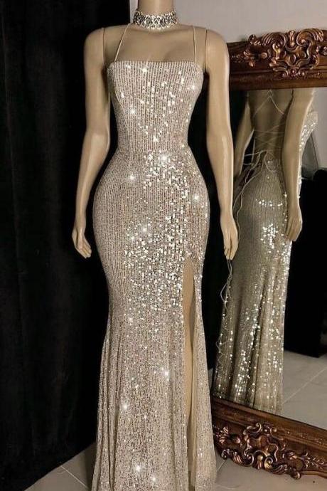 Sexy Glitter Cross Back Sequin Prom Dresses With Slit