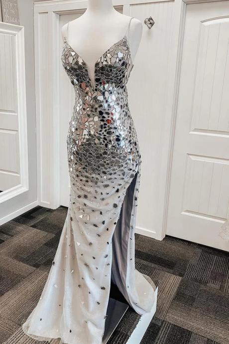 Mermaid Silver Sequins Long Prom Dress With Split