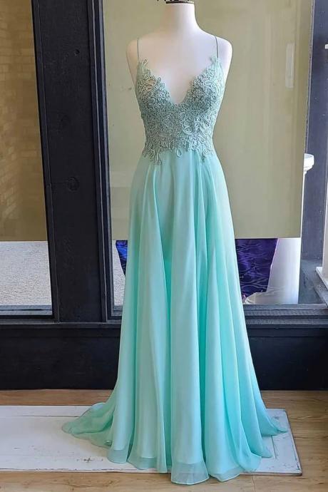 A-line Mint Green Chiffon Long Prom Dress With Lace Appliques