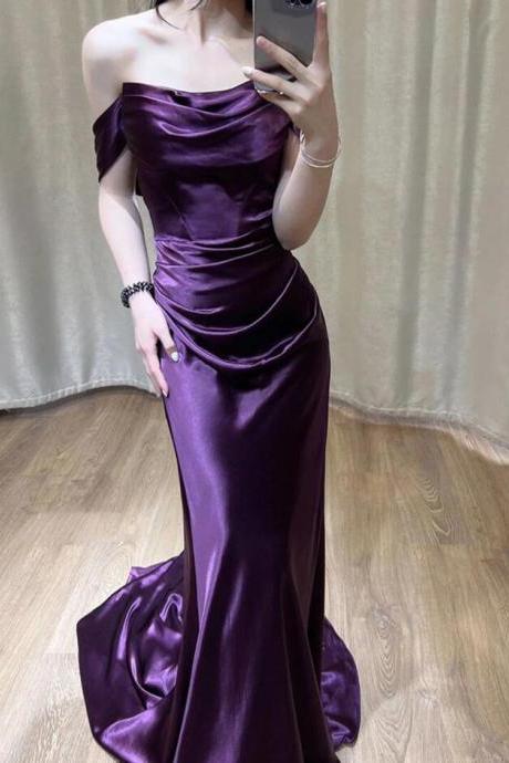 Off Shoulder Purple Satin Long Evening Dress