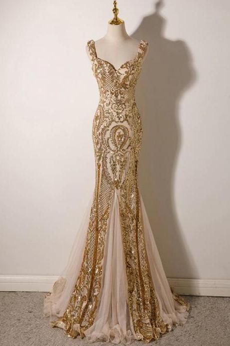 Sexy Champagne Sequins Straps Long Prom Dresses