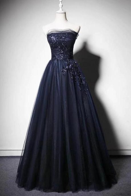 A-line Navy Blue Tulle Prom Dress With Lace