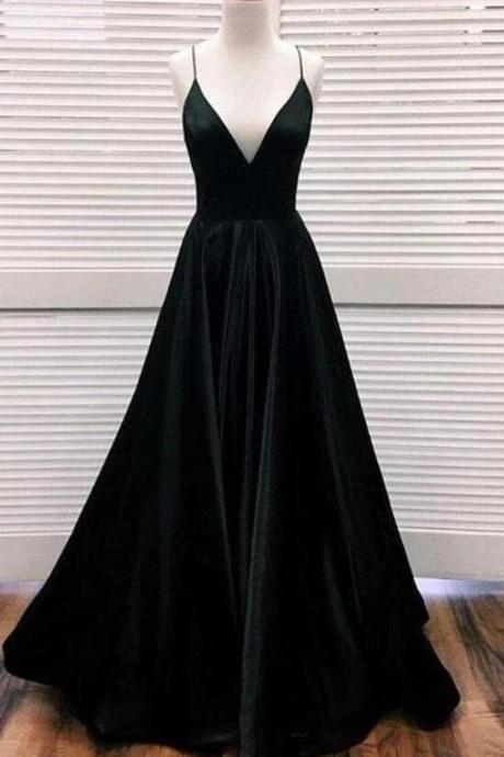 Simple Black V Neck Stain Prom Dresses
