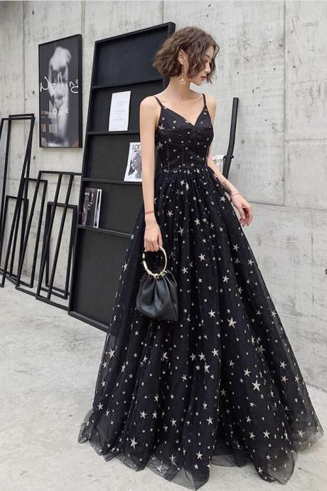 A Line Black Tulle Long Prom Dress With Star