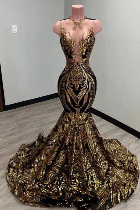 Mermaid Black And Gold Evening Dresses Prom Dresses With Sequin