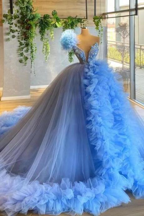 Elegant Sky Blue Tulle Prom Dresses