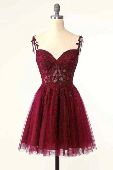 A-line Burgundy Tulle Lace Short Prom Dress,homecoming Dress