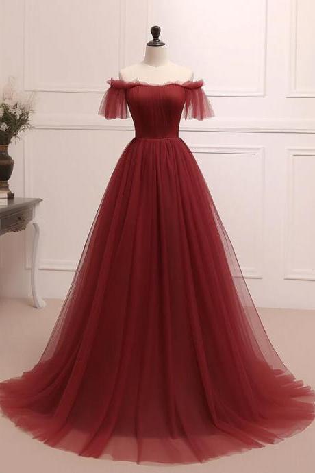 A-line Burgundy Tulle Long Prom Dresses