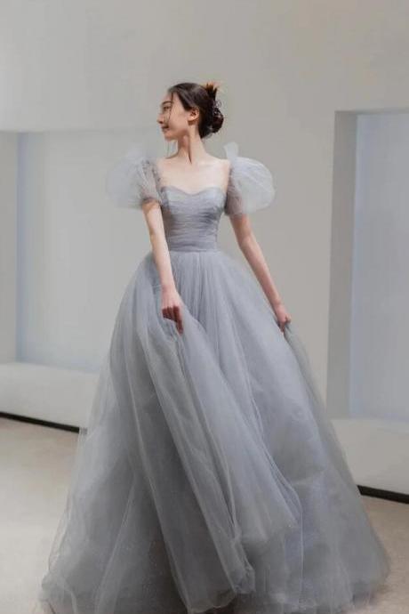 Lovely Gray Tulle Floor Length A-line Prom Dresses