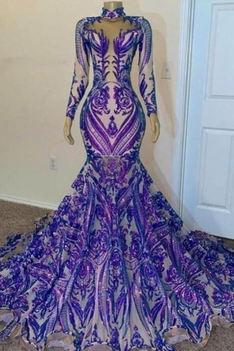 Sparkly Purple Long Sleeve Prom Dresses