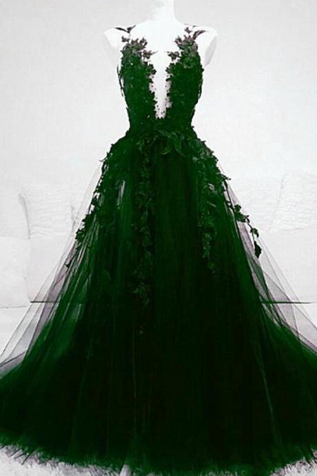 Dark Green Tulle Lace Prom Dresses