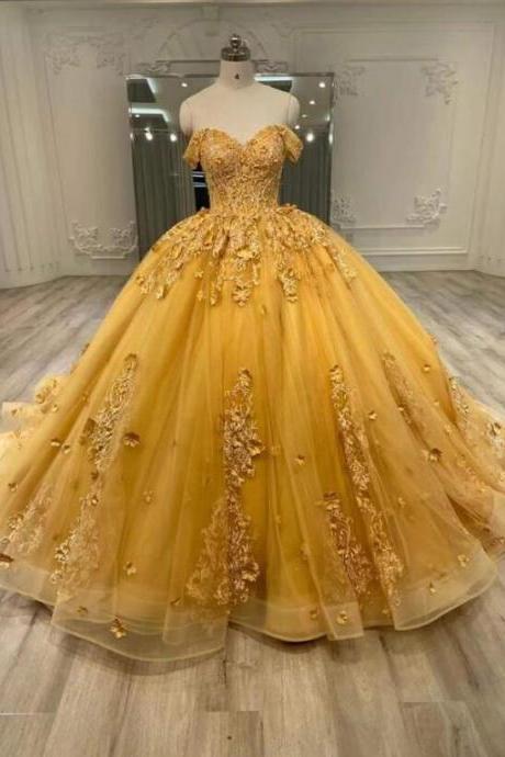 Off Shoulder Tulle Yellow Quinceanera Dresses Sweetheart Ball Gowns Prom Dresses