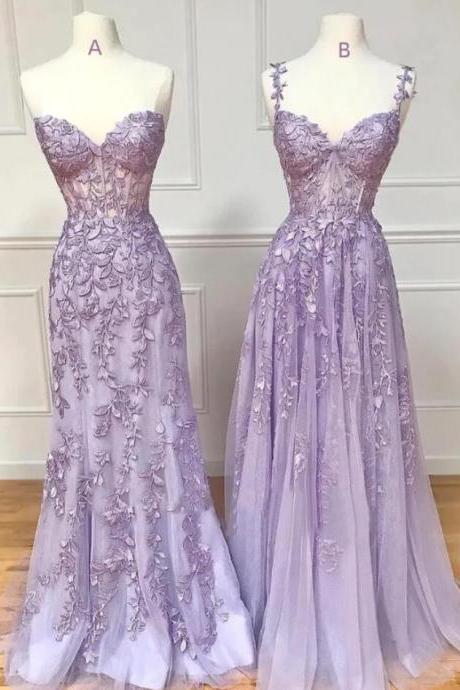 A Line Purple Tulle Lace Long Prom Dresses