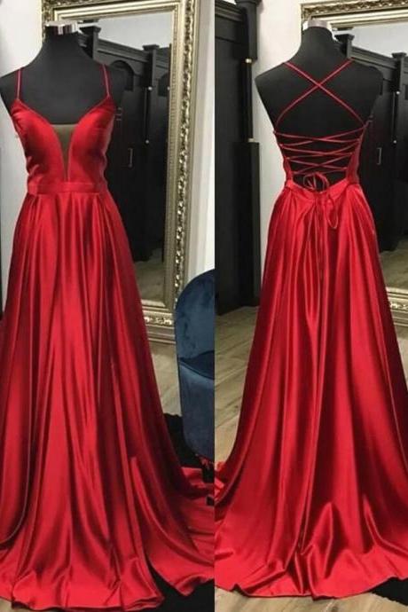 A Line V Neck Backless Open Back Red Prom Dresses