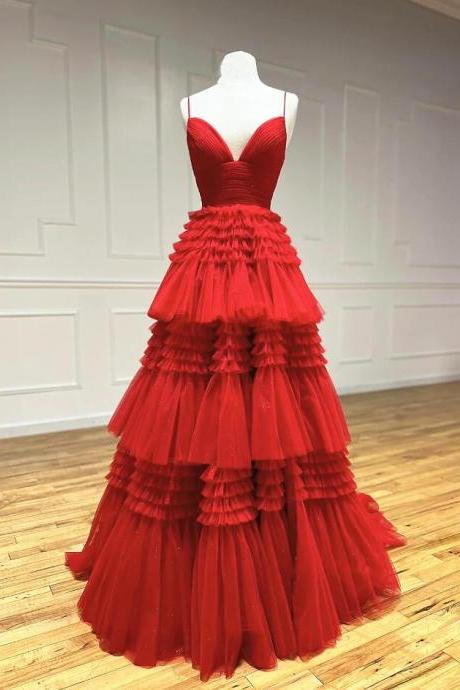 Straps V Neck Red Layered Tulle Long Prom Dresses