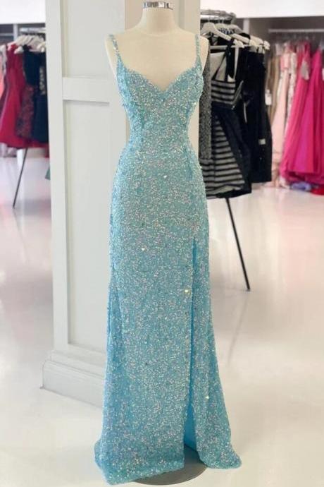 Simple Blue Sequin Long Prom Dress