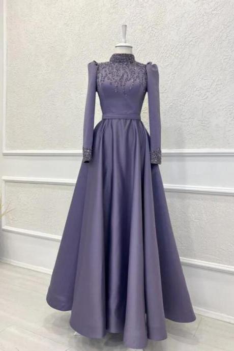 Modest A-line Purple Long Sleeves Prom Dress