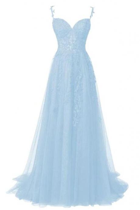 A Line Straps Lace Appliques Tulle Long Prom Dresses For Teens