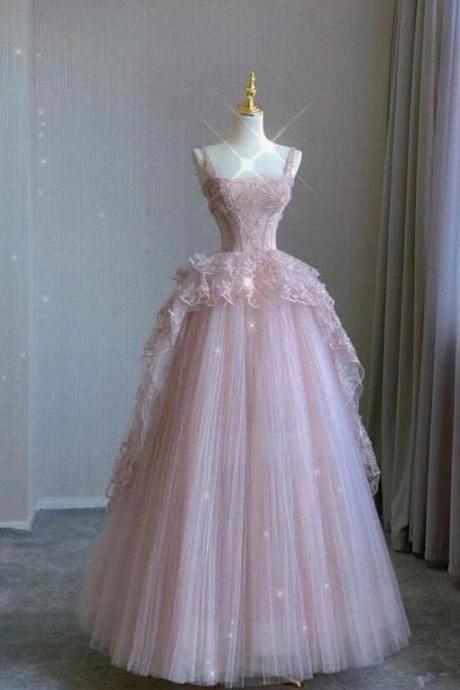 A Line Pink Tulle Lace Long Prom Dress