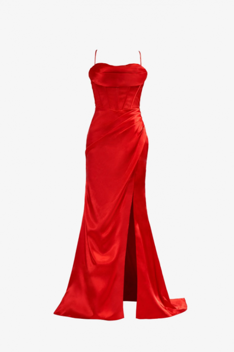 Gorgeous Spaghetti Strap Unique Round Cup High split Red Prom Dress  Y81 main image 1