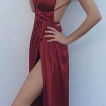 Backless Sexy Prom Dresses,Long Prom/Evening Dresses,New Arrival Prom Dress,Modest Prom Dress,Sexy Burgundy Maxi dress,v neck evening dress,backless prom dress,slit side dresses,prom dress