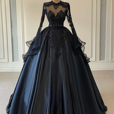 Long Sleeve Black Satin Wedding Dress, African Evening Dress on Luulla