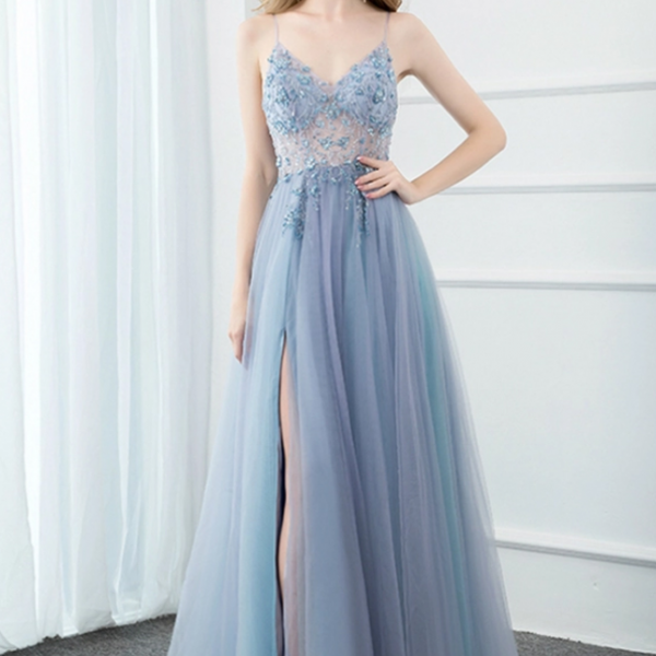V Neck Spaghetti Straps Sequins Beaded Royal Blue High Side Slit and Train Prom Dress WU1172 main image 1