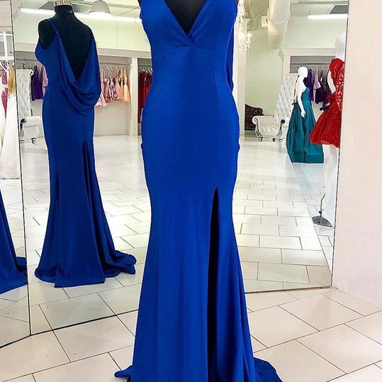 Elegant Spaghetti Straps Satin Prom Dress, Blue Simple Formal Dress on ...