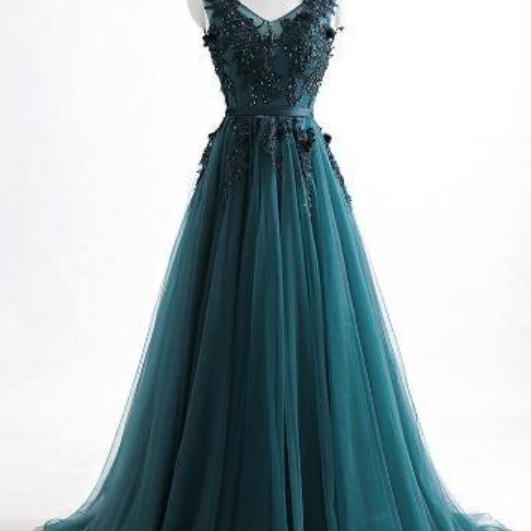 Tulle with Lace Appliqued Long Dresses Dark Green Plus Size main image 1