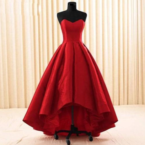 red high low wedding dress Strapless Sweetheart Neck High Low Red Long Prom Dresses, High Low Red morievent