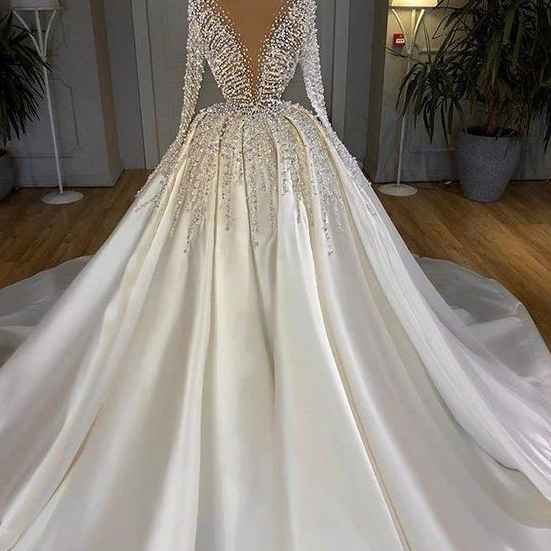 Satin Turkish Wedding Dresses Dubai Arabic Long Sleeve Bridal Gowns on ...