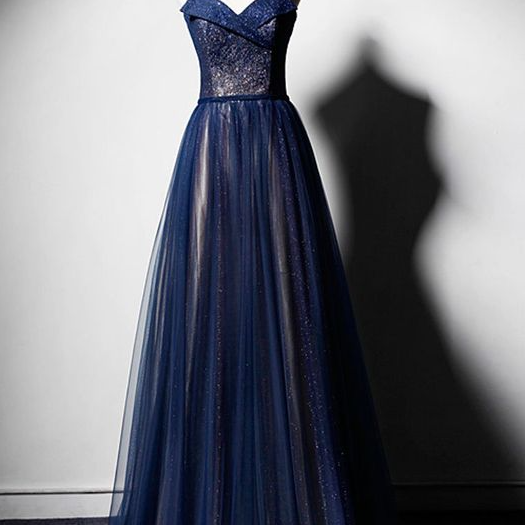 Dark Blue Tulle Long Evening Prom Dress for Women Beautifully Designed main image 0