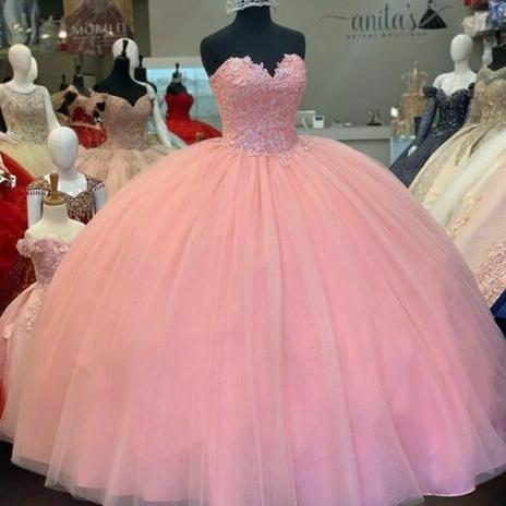 Pink Sweetheart Beadings Ball Gown Tulle Prom Dress LBQ0747 main image 1
