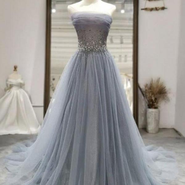 Gray tulle sequin long prom dress, formal dress