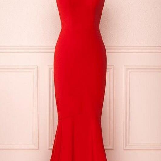A Line Straps Red Cross Back Prom Dress