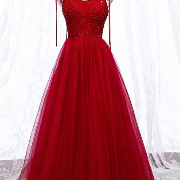Burgundy A Line Scoop Beads Tulle Prom Dress LBQ4230 main image 1