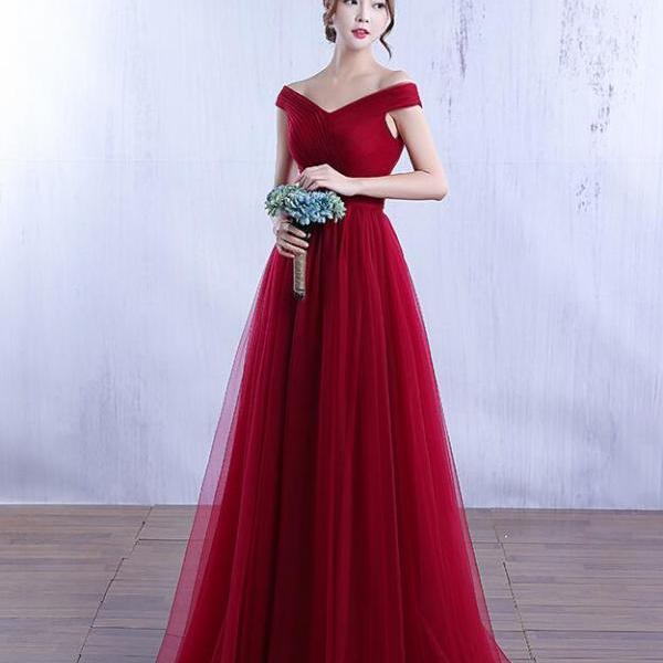 Red v neck satin long prom dress, Full of charm evening dress