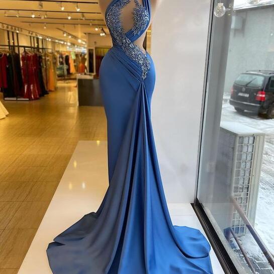 A-line Strapless Newest Lace Appliques Prom Dresses With Split, PD1016