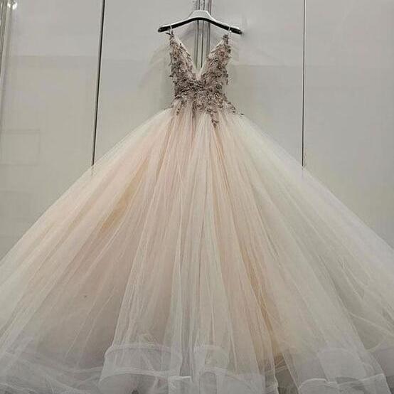 Sparkle A Line V Neck Tulle Champagne Open Back Prom Dress LBQ2013 main image 1