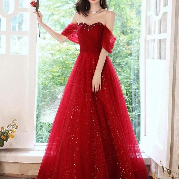 off shoulder red prom dress