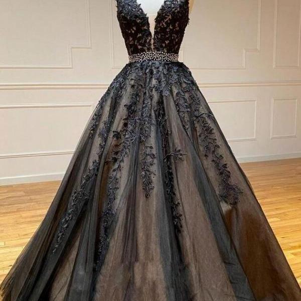 A-Line Prom Dress Lace-up Sleeveless V Neck Black Satin Pleats Beaded, Pocket main image 1
