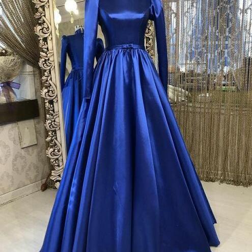 A Line High Neck Royal Blue Prom Dresses With Long Sleeves on Luulla