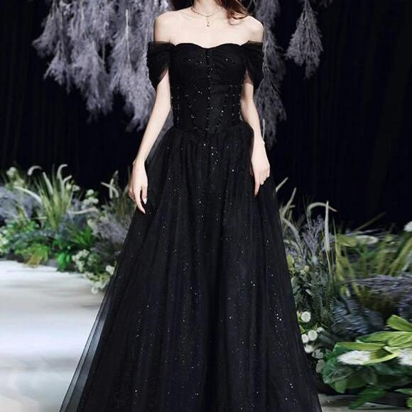 Off Shoulder Black Tulle Lace Prom Dress on Luulla