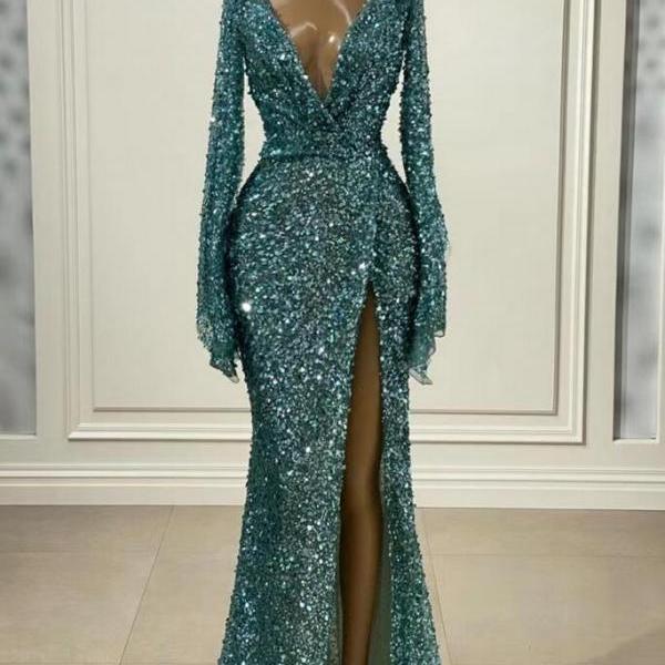 Glitter Strapless Silver Sequin Tulle Layered Mermaid Long Birthday Party Dress Prom Dresses SP1413